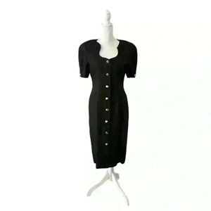 Black Midi Dress with Hold Buttons Vintage Adele Simpson Size 10